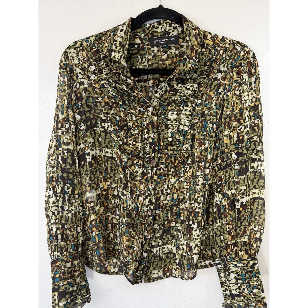Jones Collection Sheer 100% Silk Long‎ Sleeved Button Up Blouse Size 6
